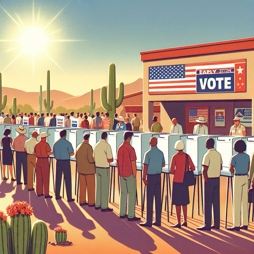 Une illustration HD représentant un bureau de vote animé en Arizona pendant le vote anticipé pour l'élection présidentielle américaine. Les citoyens font la queue de manière ordonnée pour voter, le soleil brillant dans le ciel désertique, avec des affiches électorales colorées ornant les murs.