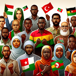 Une illustration HD représentant un groupe de pays africains exprimant à la fois leur condamnation et leur soutien suite à l'attaque à Ankara. L'image devrait montrer des drapeaux africains divers, des symboles de solidarité et des expressions faciales variées évoquant à la fois la préoccupation et l'espoir.