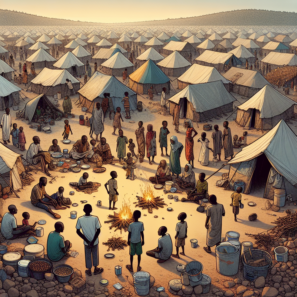 Illustration HD de Dall E montrant des réfugiés Burkinabés se rassemblant dans un campement improvisé au nord de la Côte d'Ivoire. On peut voir des tentes simples, des feux de camp et des groupes de personnes de divers âges autour, exprimant à la fois la solidarité et la précarité de leur situation. L'atmosphère est à la fois poignante et résiliente, mettant en lumière l'impact humain des violences et des conflits en Afrique.