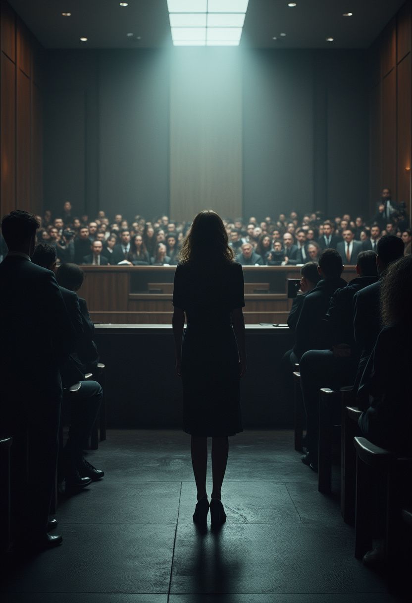 Scène dramatique d'un tribunal, juge féminine en autorité, symbolisant la complexité du viol d'une femme par Jay-Z et Diddy.