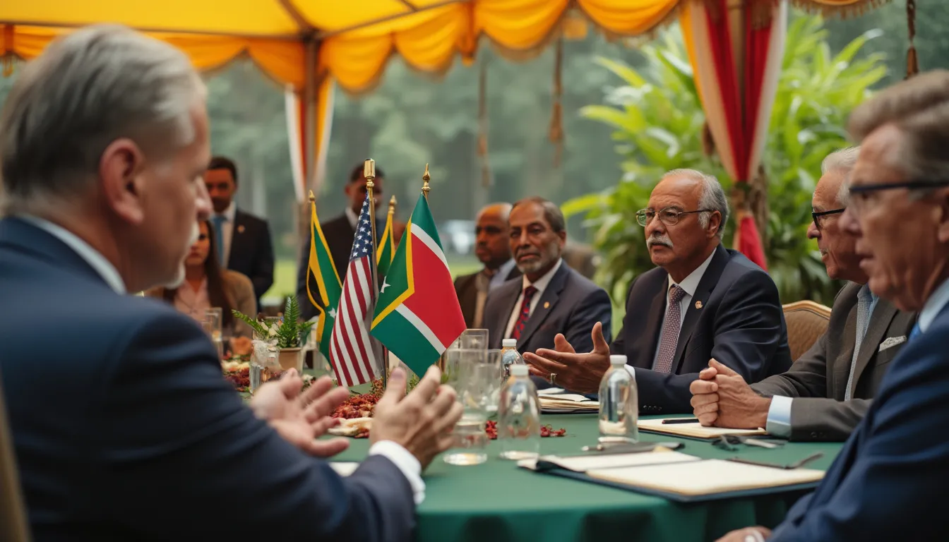 Diplomates en discussion animée sous une tente, évoquant l'expulsion de l'ambassadeur sud-africain aux États-Unis.