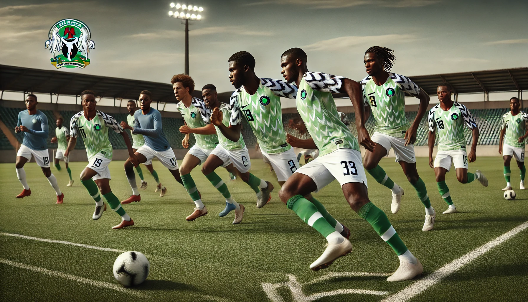 Joueurs de l’équipe du Nigeria de football en action pendant une séance d’entraînement sur un terrain moderne avec des projecteurs allumés