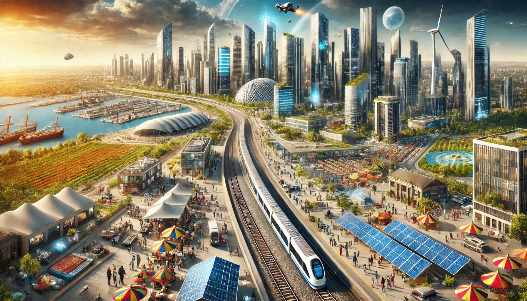 Vue futuriste d’une métropole africaine en 2025 représentant le développement des pays riches d’Afrique, avec des gratte-ciel modernes, un train à grande vitesse, des marchés animés, des panneaux solaires et un port en activité
