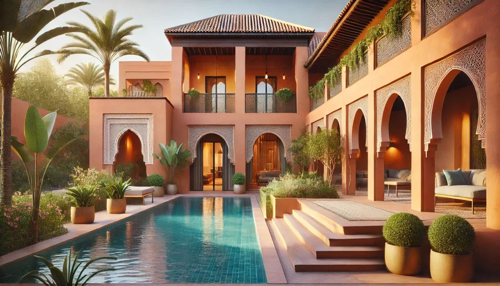 Villa moderne à Marrakech avec murs en terre cuite, piscine à débordement et patio inspiré des riads, illustrant l’architecture marocaine moderne.
