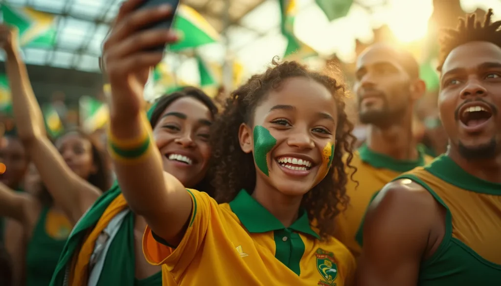 Fête des Springboks à l'aéroport OR Tambo, jeunes fans souriants pris en selfie, émotions sportives en Afrique du Sud.