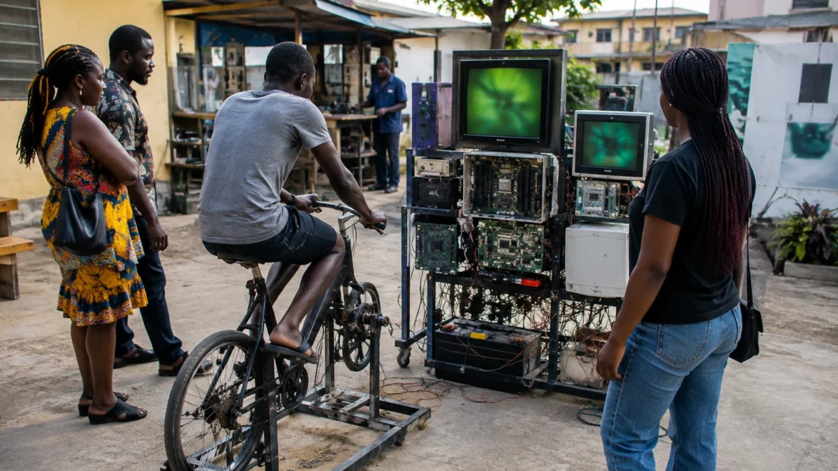 Au Ghana, une installation artistique fait pédaler le public pour réveiller les appareils électroniques oubliés