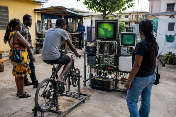 Au Ghana, une installation artistique fait pédaler le public pour réveiller les appareils électroniques oubliés